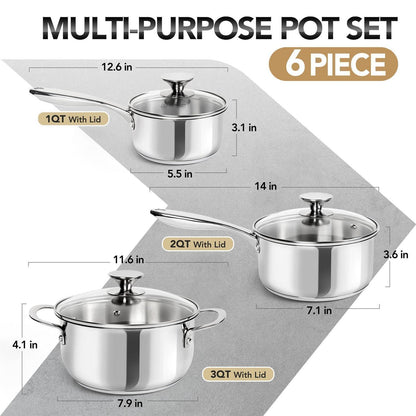 Edelstahl Kochtopf-Set 6-teilig mit Doppelgriffen