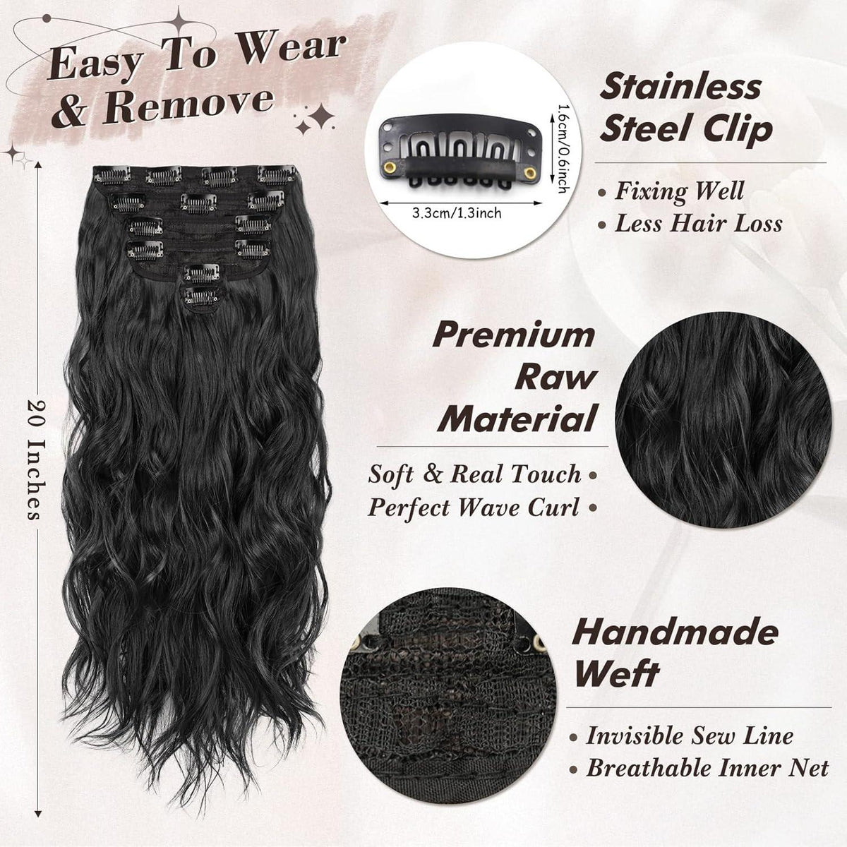 Clip in Haarverlängerung Schwarz 50cm Wellig Halloween Haarteil