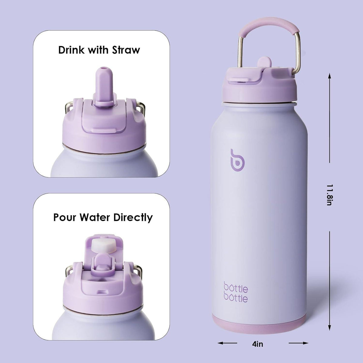 Edelstahl Trinkflasche 1L mit Strohhalm Thermoskanne Sport Auslaufsicher Isolierflasche Hellviolett Pillendose