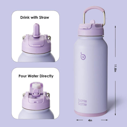 Edelstahl Trinkflasche 1L mit Strohhalm Thermoskanne Sport Auslaufsicher Isolierflasche Hellviolett Pillendose