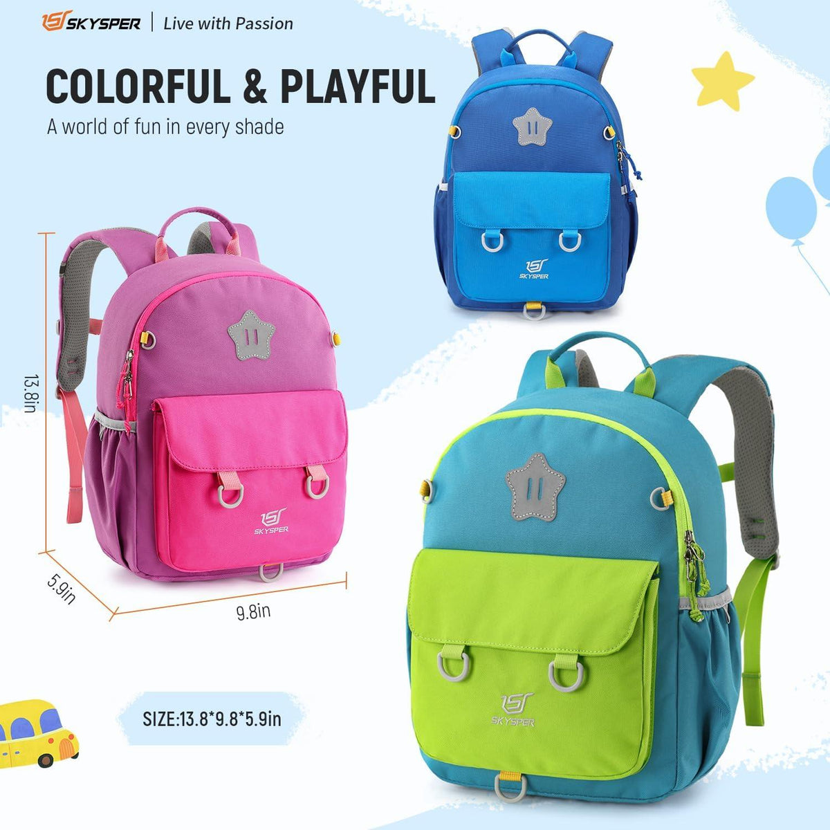 Kinderrucksack 10L für Kinder Wandern Schule Grün Brustgurt Schultasche