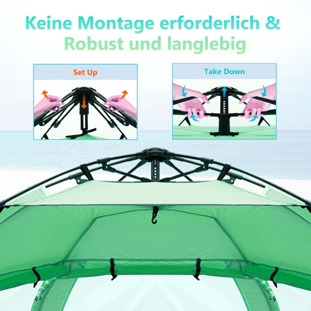 Strandmuschel Quick-Up-Aufbau UV-Schutz Sonnenschutz Windschutz 3-4 Personen Tragbar Mintgrün