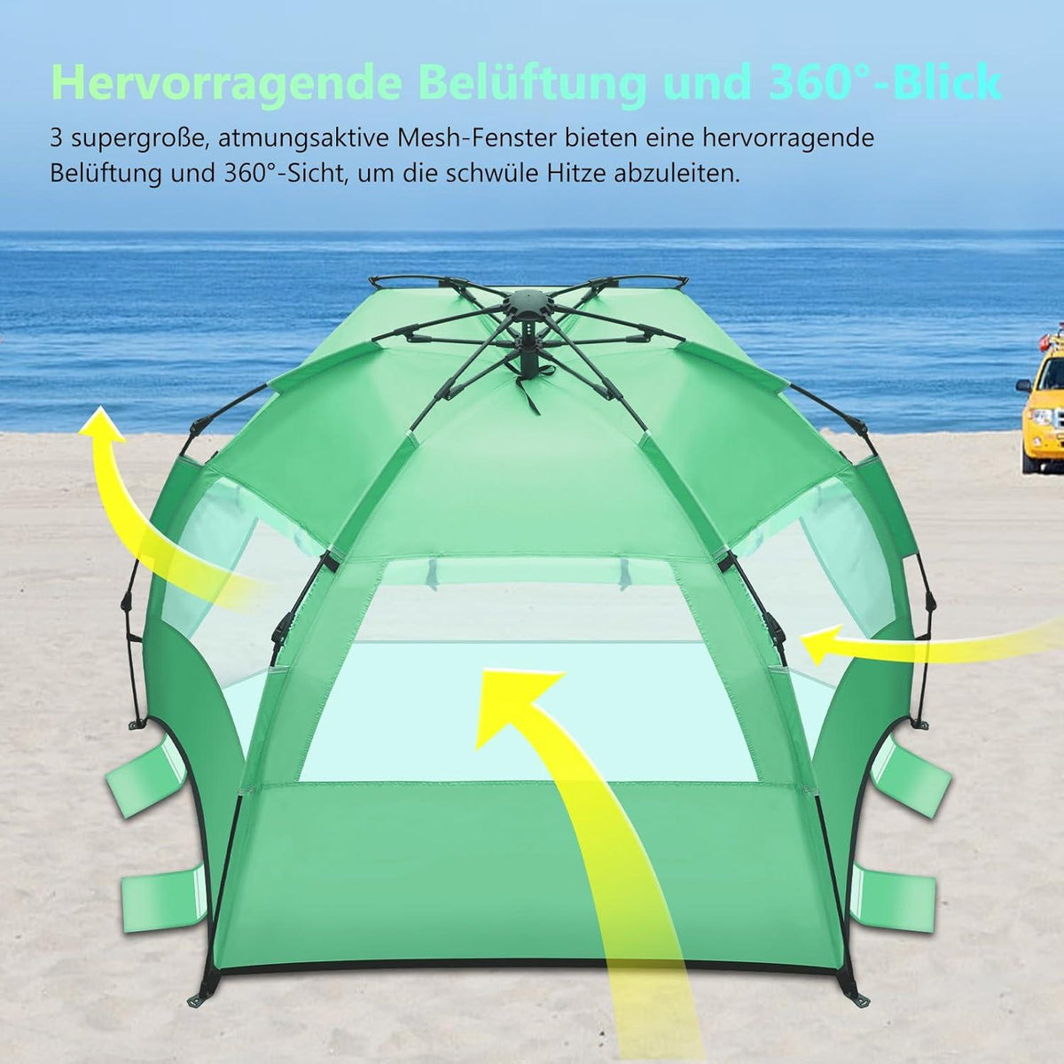Strandmuschel Quick-Up-Aufbau für 3-4 Personen mit UV-Schutz 50+ & Windschutz