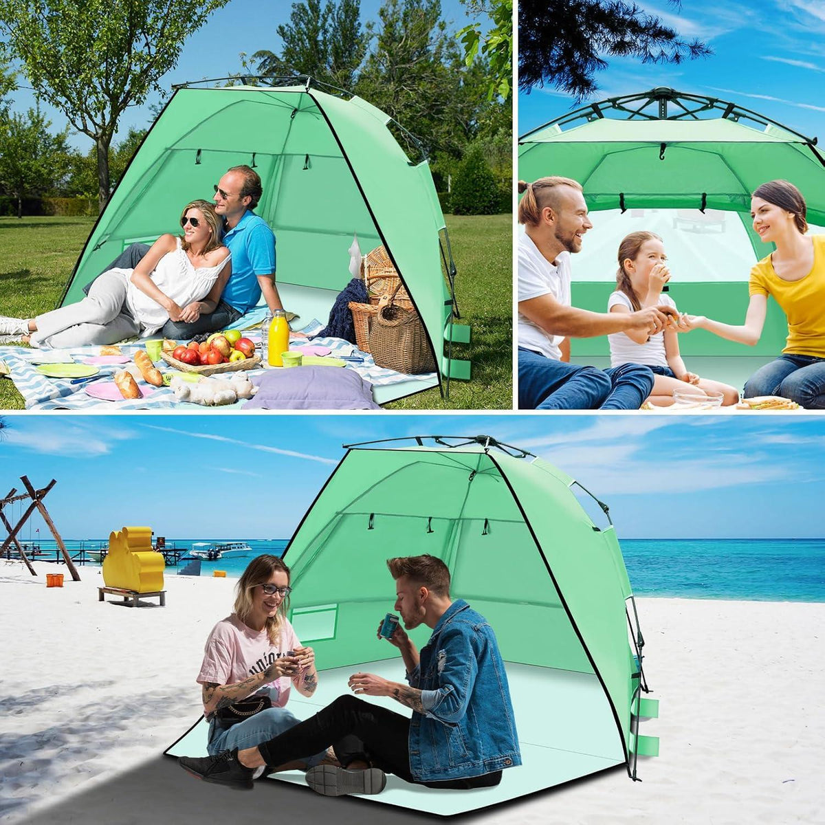 Strandmuschel Quick-Up-Aufbau für 3-4 Personen mit UV-Schutz 50+ & Windschutz