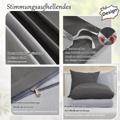 Bettwäsche-Set 135x200 Anthrazit/Hellgrau 4tlg. Mikrofaser Reißverschluss