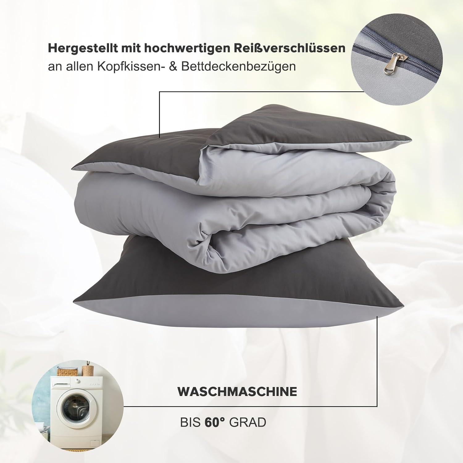Bettwäsche 155x220 Anthrazit Hellgrau 3tlg Mikrofaser Kuschelig weich