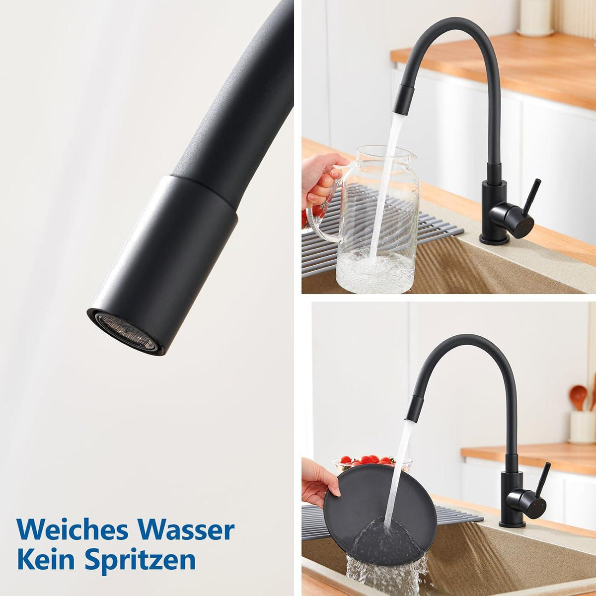 Niederdruck Armatur Küche Schwarz, Flexibler Wasserhahn 3 Anschlüsse, Mischbatterie 360° Drehbar