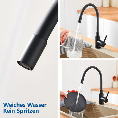 Niederdruck Armatur Küche Schwarz, Flexibler Wasserhahn 3 Anschlüsse, Mischbatterie 360° Drehbar