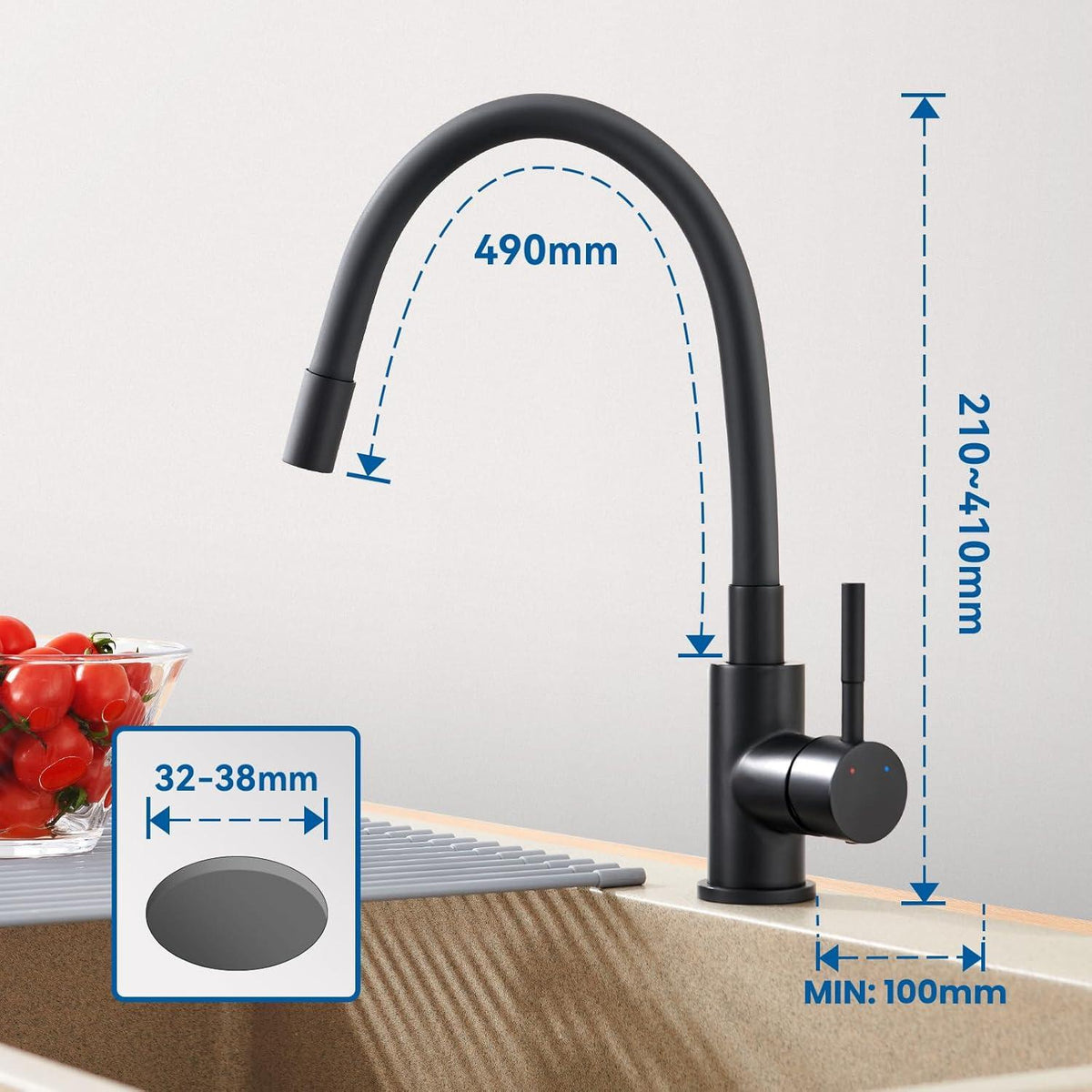 Niederdruck Armatur Küche Schwarz, Flexibler Wasserhahn 3 Anschlüsse, Mischbatterie 360° Drehbar