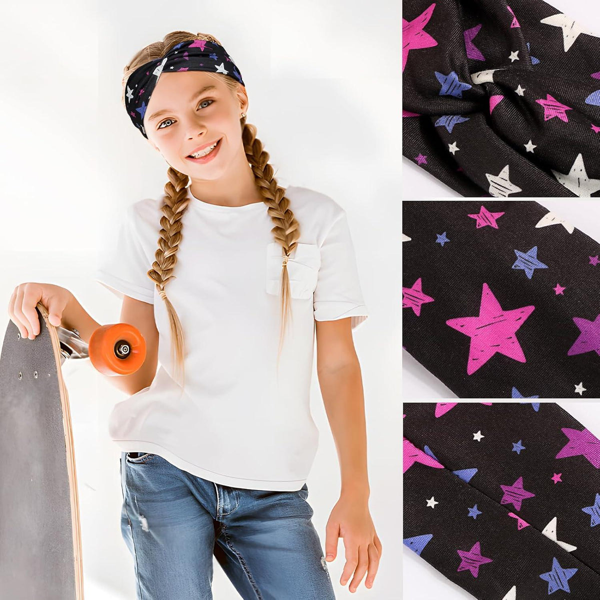 3er Pack Mädchen Stirnbänder mit Sternenmuster in Schwarz Blau Rosa