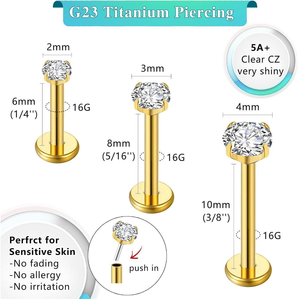 G23 Titan Push-In Piercing für Ohr, Nase, Lippe, Helix, Tragus, Labret, 16g