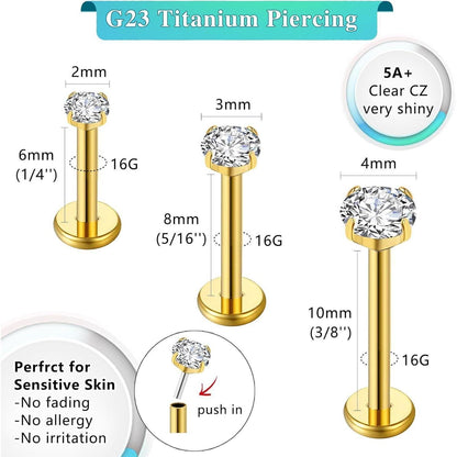 G23 Titan Push-In Piercing für Ohr, Nase, Lippe, Helix, Tragus, Labret, 16g