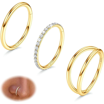 3er Set Nasenpiercing Ringe 316L Edelstahl mit Zirkonia, 7-10mm
