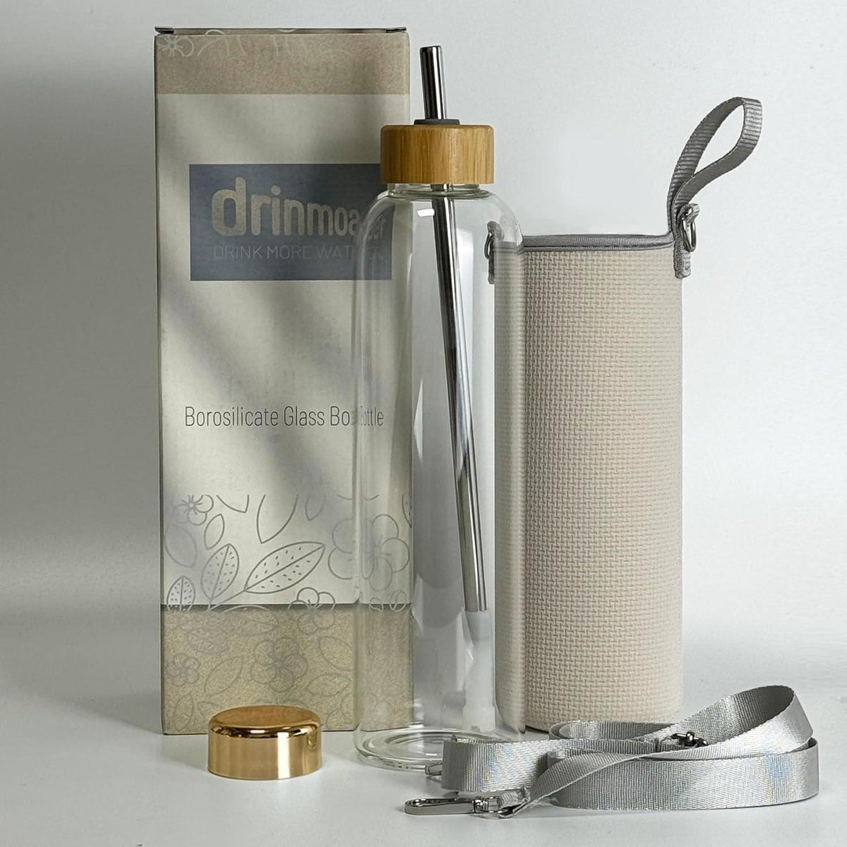 900 ml Glas Trinkflasche mit 2 Deckeln Neoprenhülle und verstellbarem