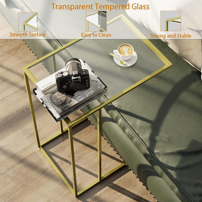 C-förmiger Beistelltisch Glas Golden, Sofatisch Klein Stabil