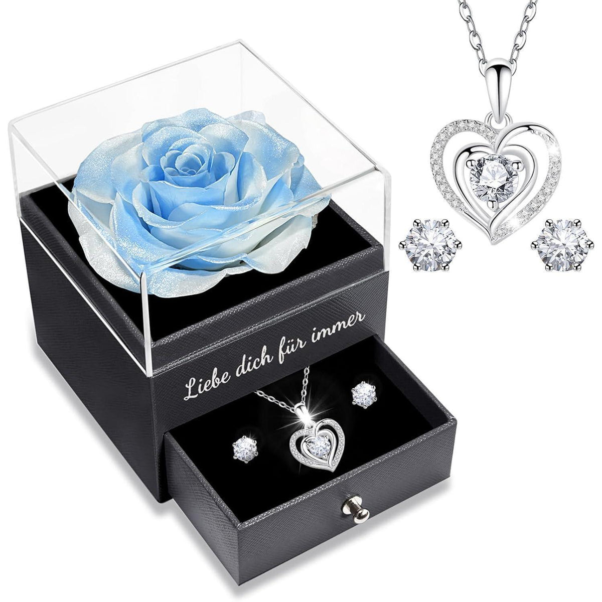 Ewige Rose Schmuckset mit Halskette und Ohrringen aus 925 Silber