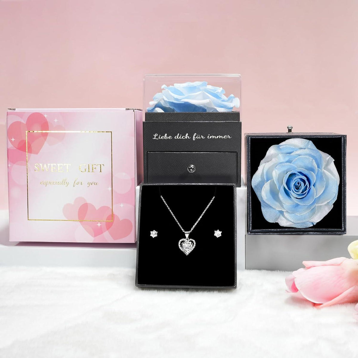 Ewige Rose Schmuckset mit Halskette und Ohrringen aus 925 Silber