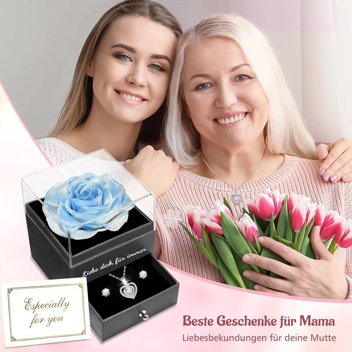 Ewige Rose Schmuckset mit Halskette und Ohrringen aus 925 Silber