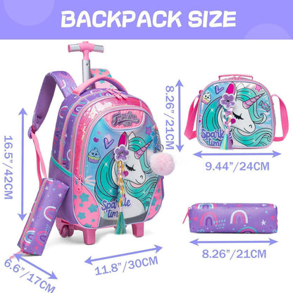 Schulranzen Trolley Mädchen mit Rollen, Federmäppchen & Lunchtasche