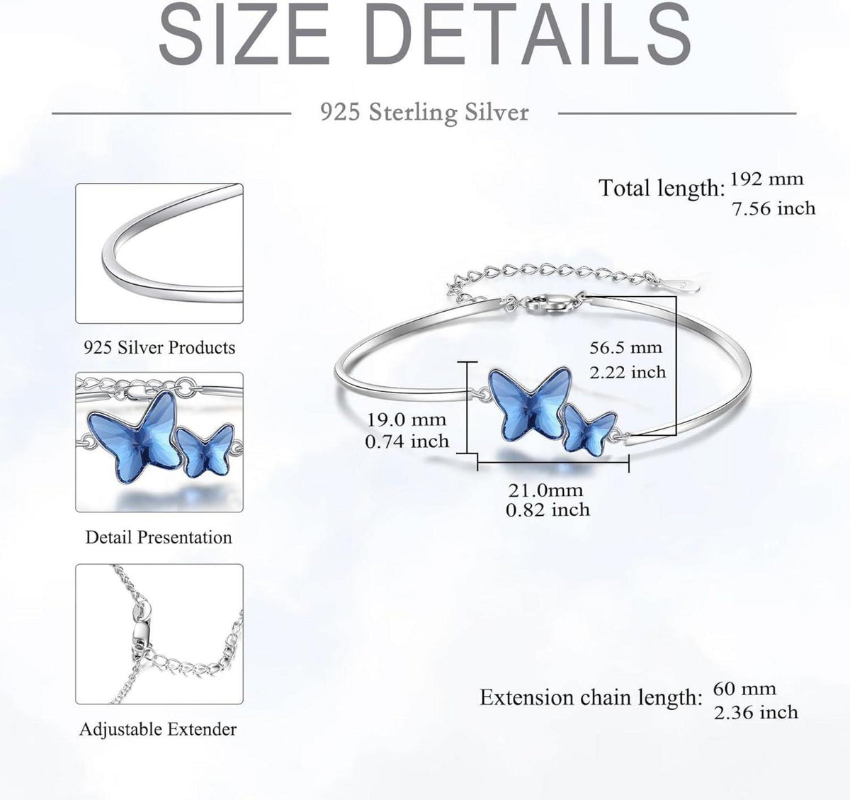 925 Sterling Silber Blau Kristall Schmetterling Armband für
