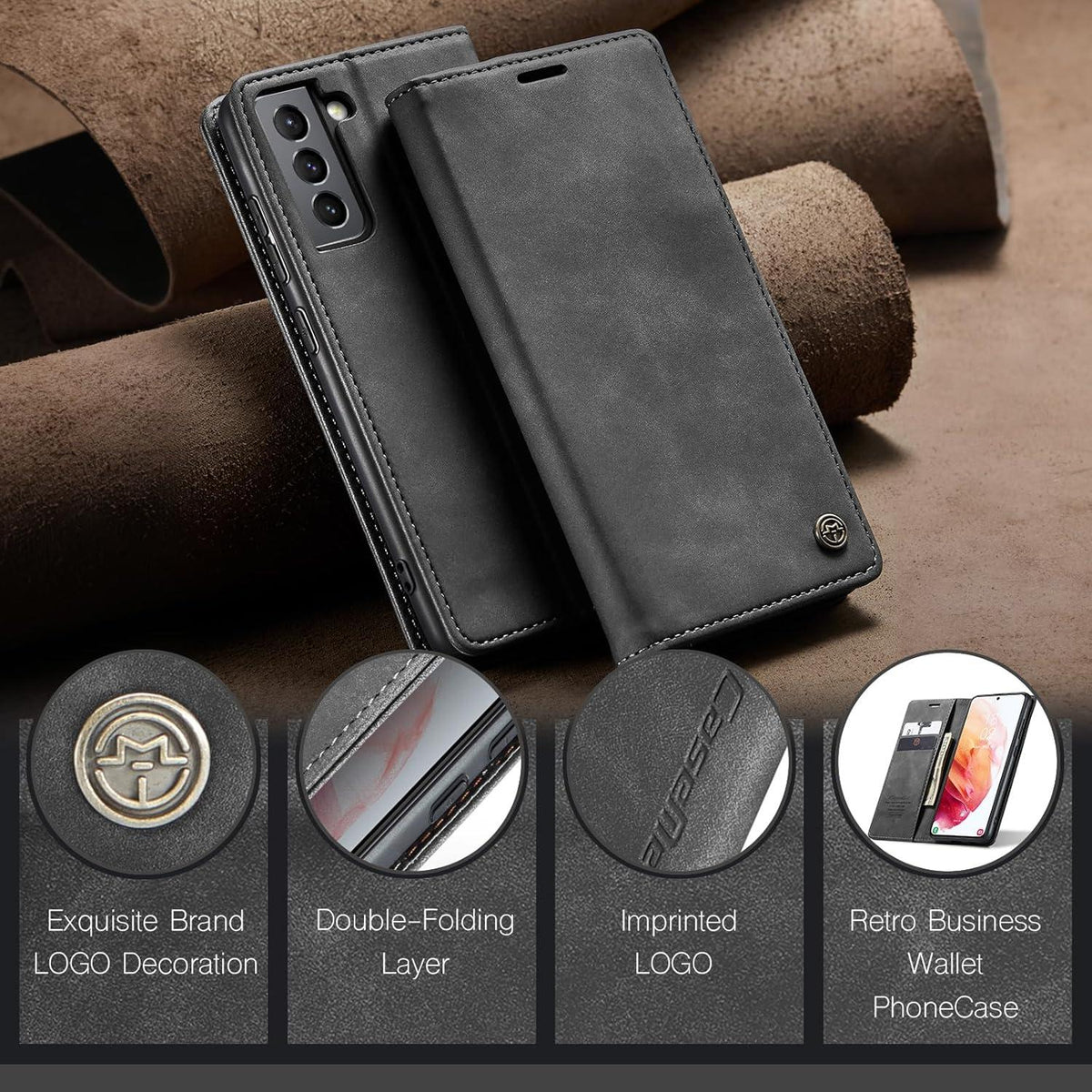 CaseMe Samsung Galaxy S21 5G Hülle Leder Flip Case Magnet Stand Grau