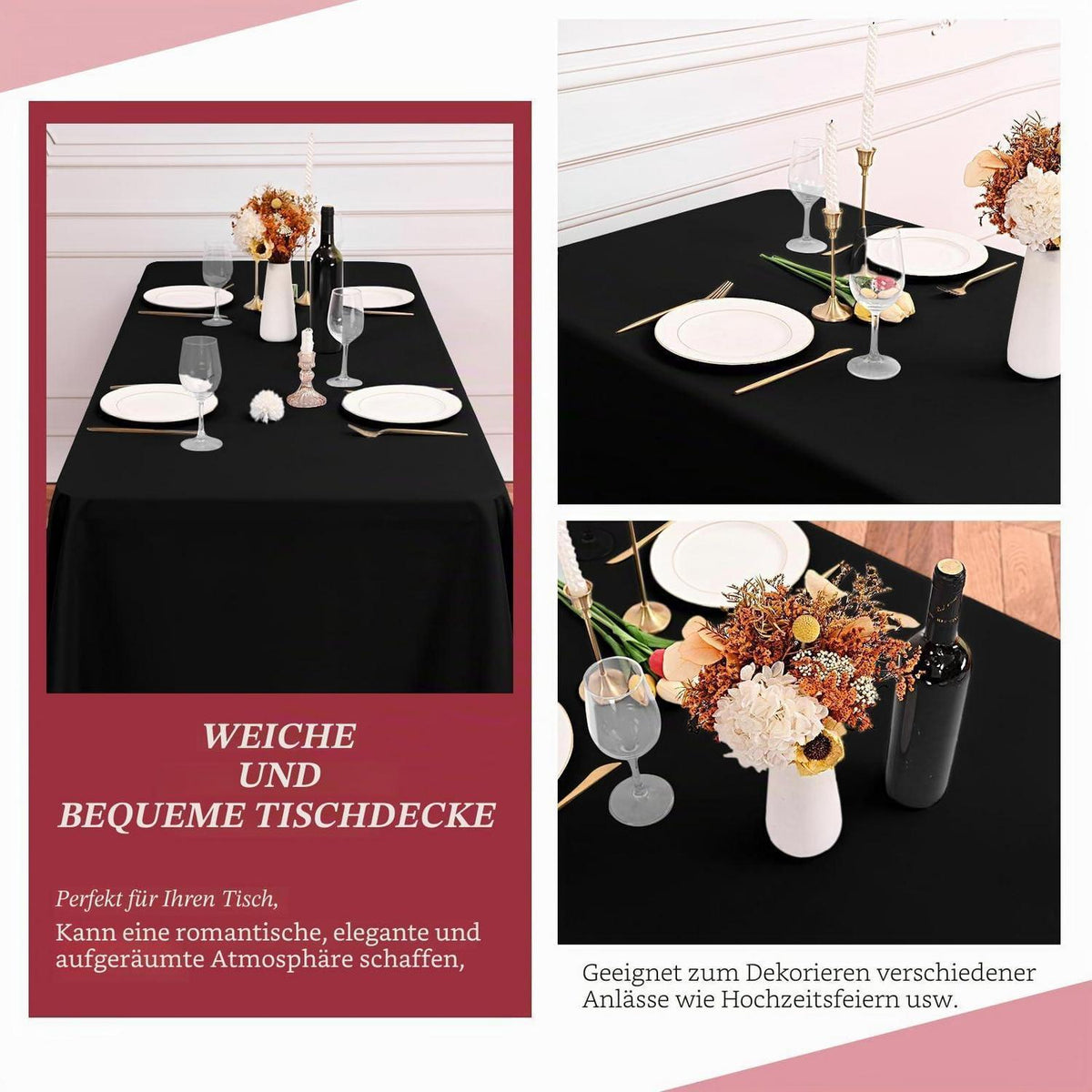 Schwarze Tischdecke Rechteckig 260x153 cm – Waschbar & Fleckenfrei