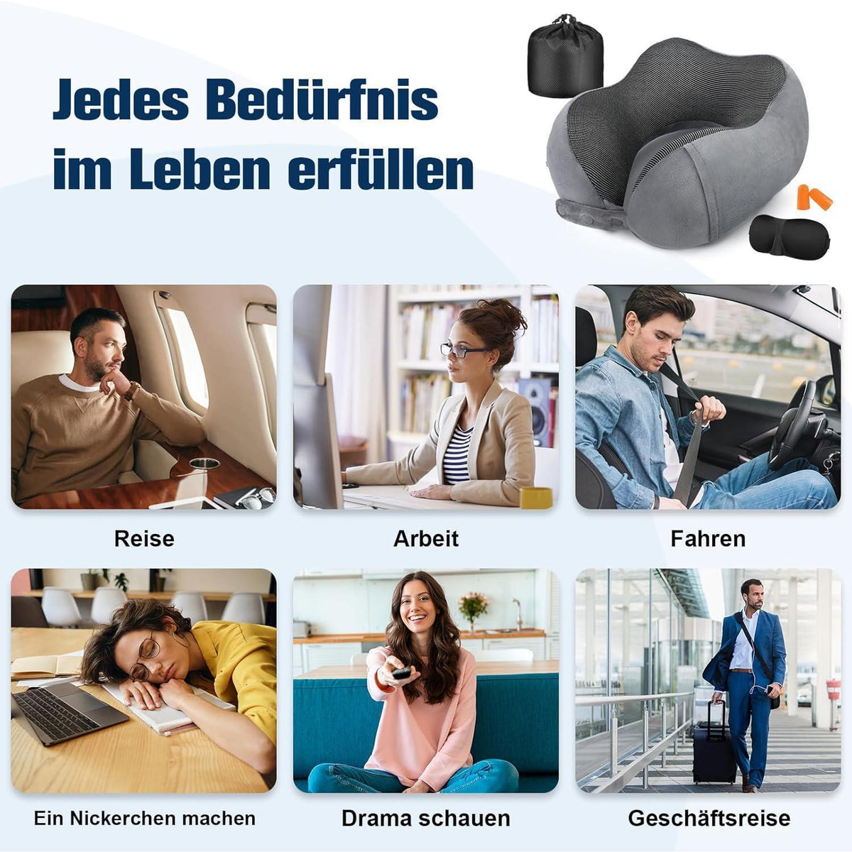 Reisekissen Memory Foam Nackenkissen Flugzeug Verstellbar Grau