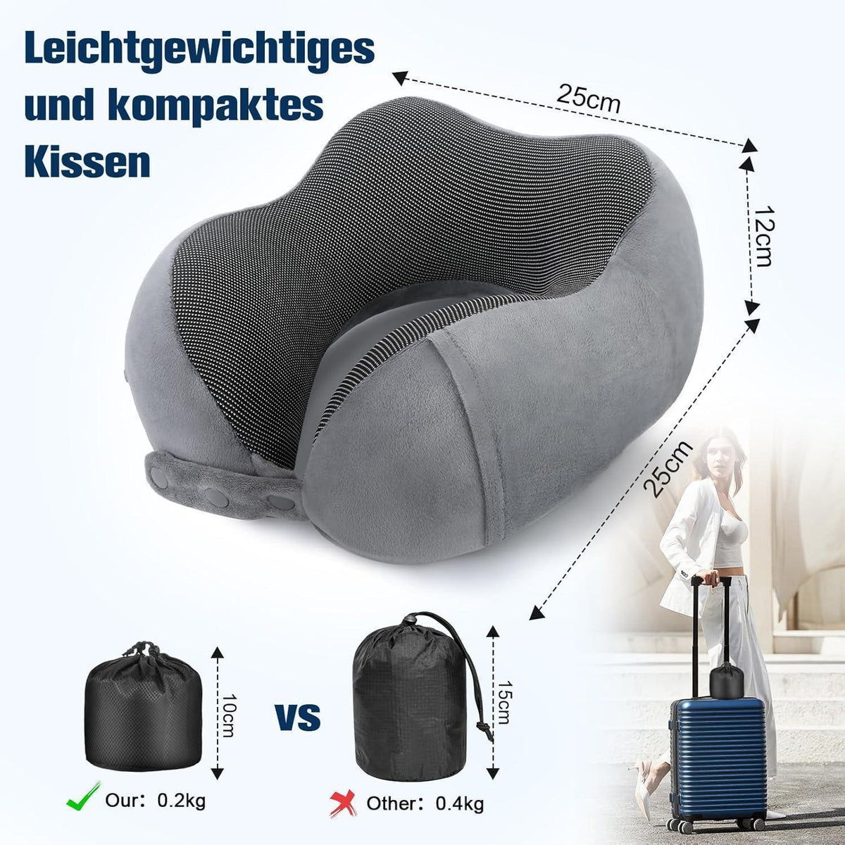 Reisekissen Memory Foam Nackenkissen Flugzeug Verstellbar Grau