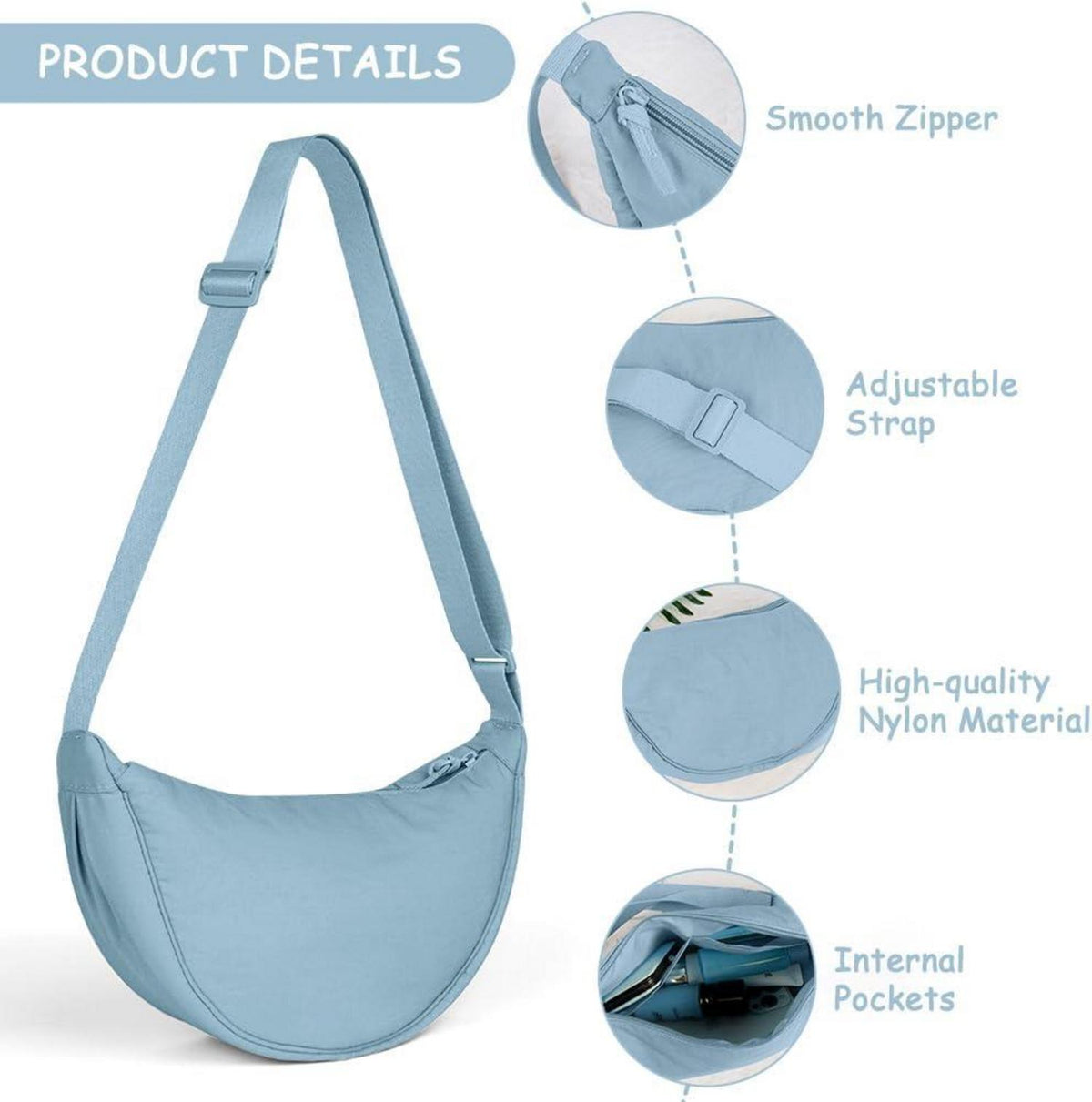 Aucuu Damen Halbmond Crossbody Schultertasche Blau Nylon Verstellbarer Schultergurt Reisen