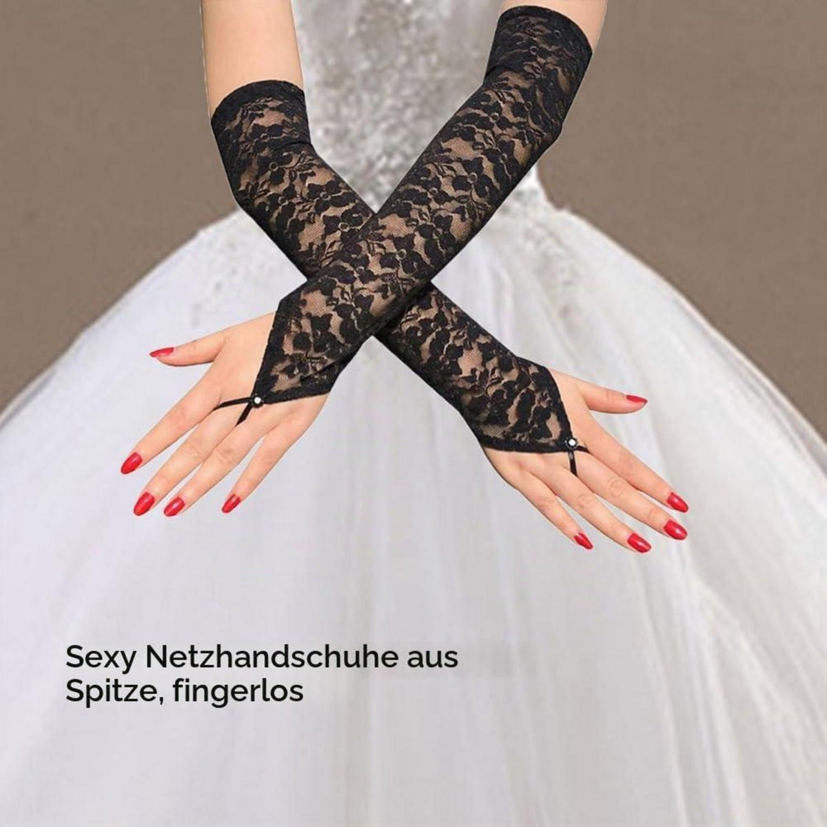 Damen Fingerlose Spitze Handschuhe – Lange Netz Schnürhandschuhe