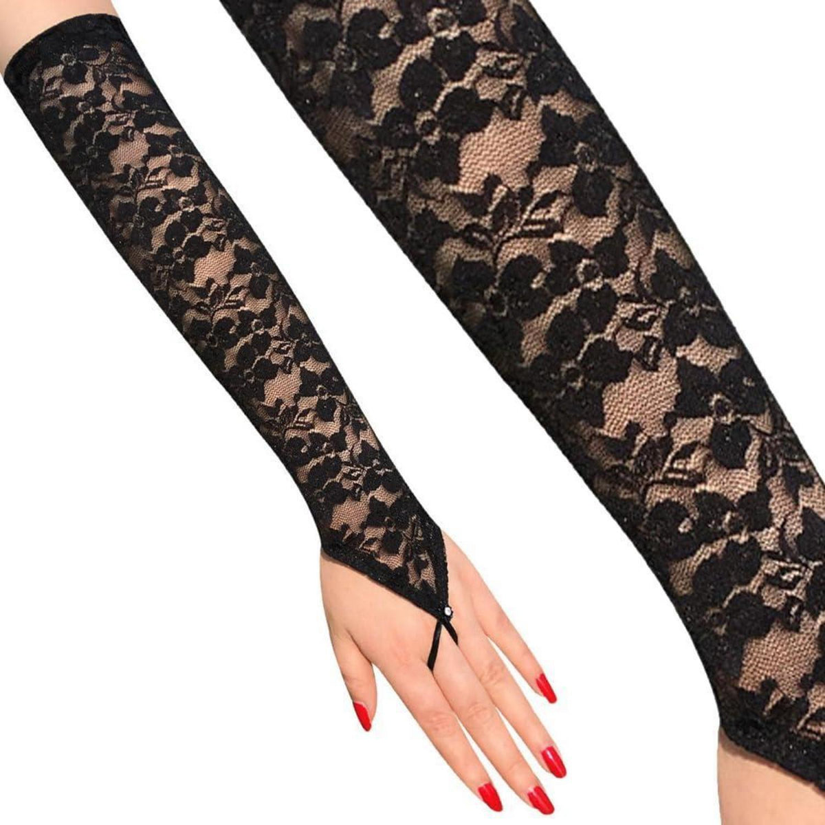 Damen Fingerlose Spitze Handschuhe – Lange Netz Schnürhandschuhe