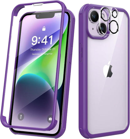 Kmofizle 360 Grad iPhone 14 Hülle Glas Stoßfest Fullbody Violett