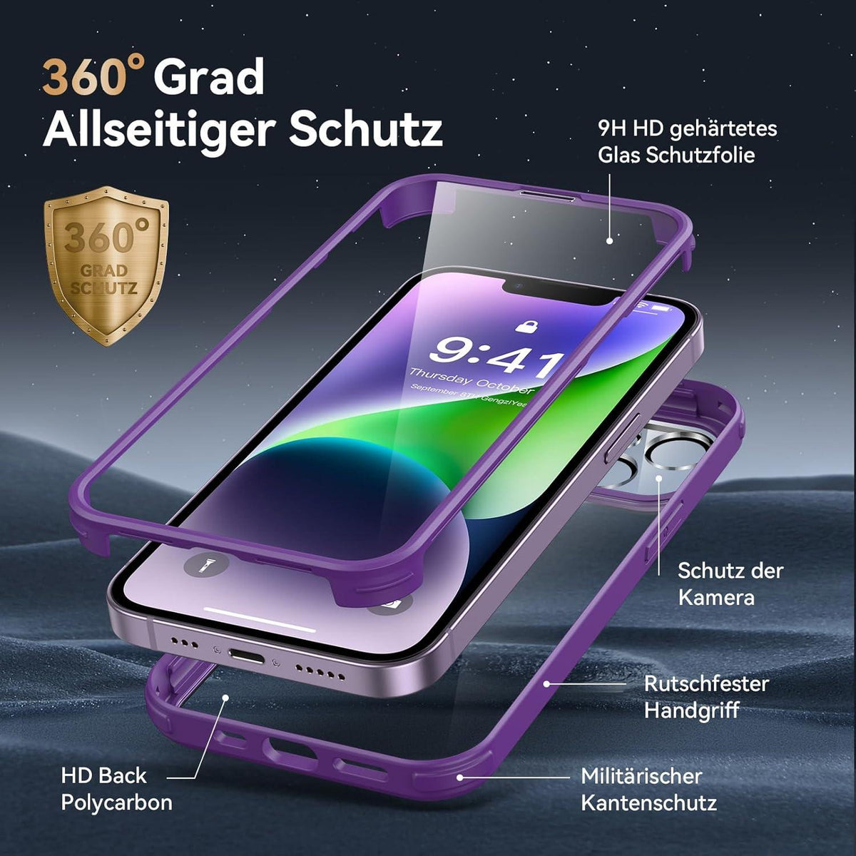 Kmofizle 360 Grad iPhone 14 Hülle Glas Stoßfest Fullbody Violett