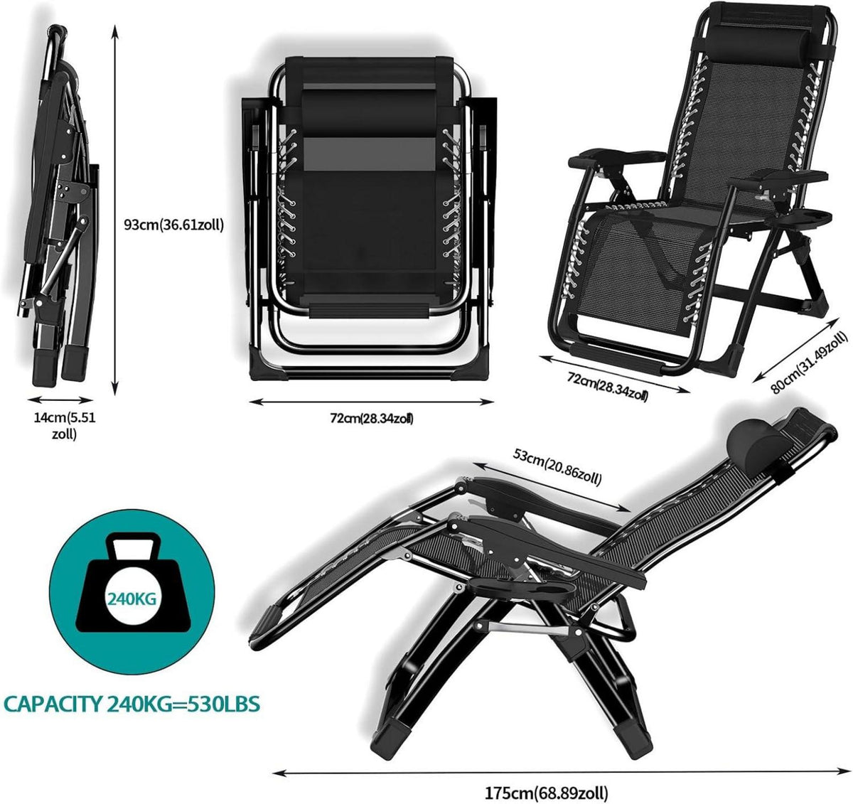 Klappbarer Gartenliege Ergonomisch Stabil, 240kg Belastbar