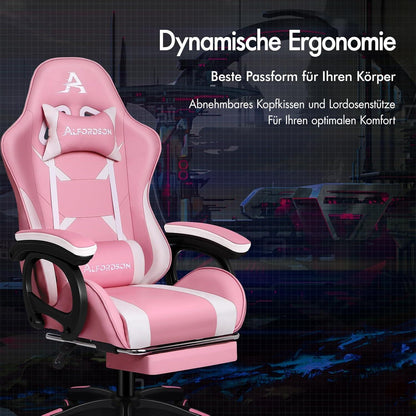 ALFORDSON Bürostuhl Rosa mit Massage-Lendenkissen und Fußstütze, ergonomisch, höhenverstellbar