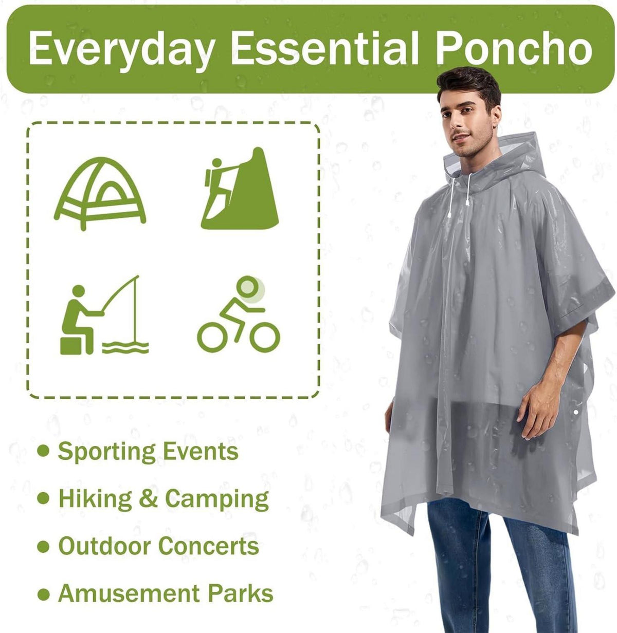 Regenponcho mit Kapuze für Erwachsene, Wasserdicht in Grau