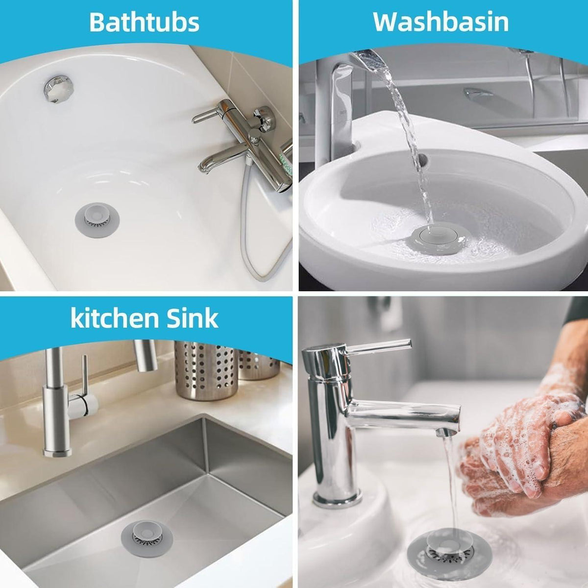 Silikon Abflussstopfen Universal 2er Set Grau – Waschbeckenstöpsel mit Sieb