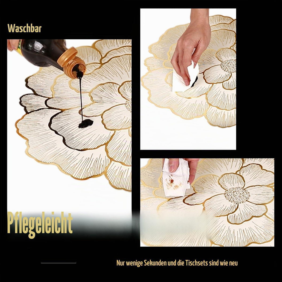Goldene Platzsets 6er Set – Abwaschbare Pfingstrosen Tischsets 38cm