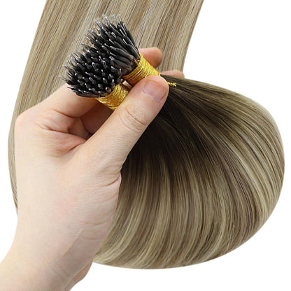 Echthaar Nano Ring Extensions Balayage Braun Blond 40cm