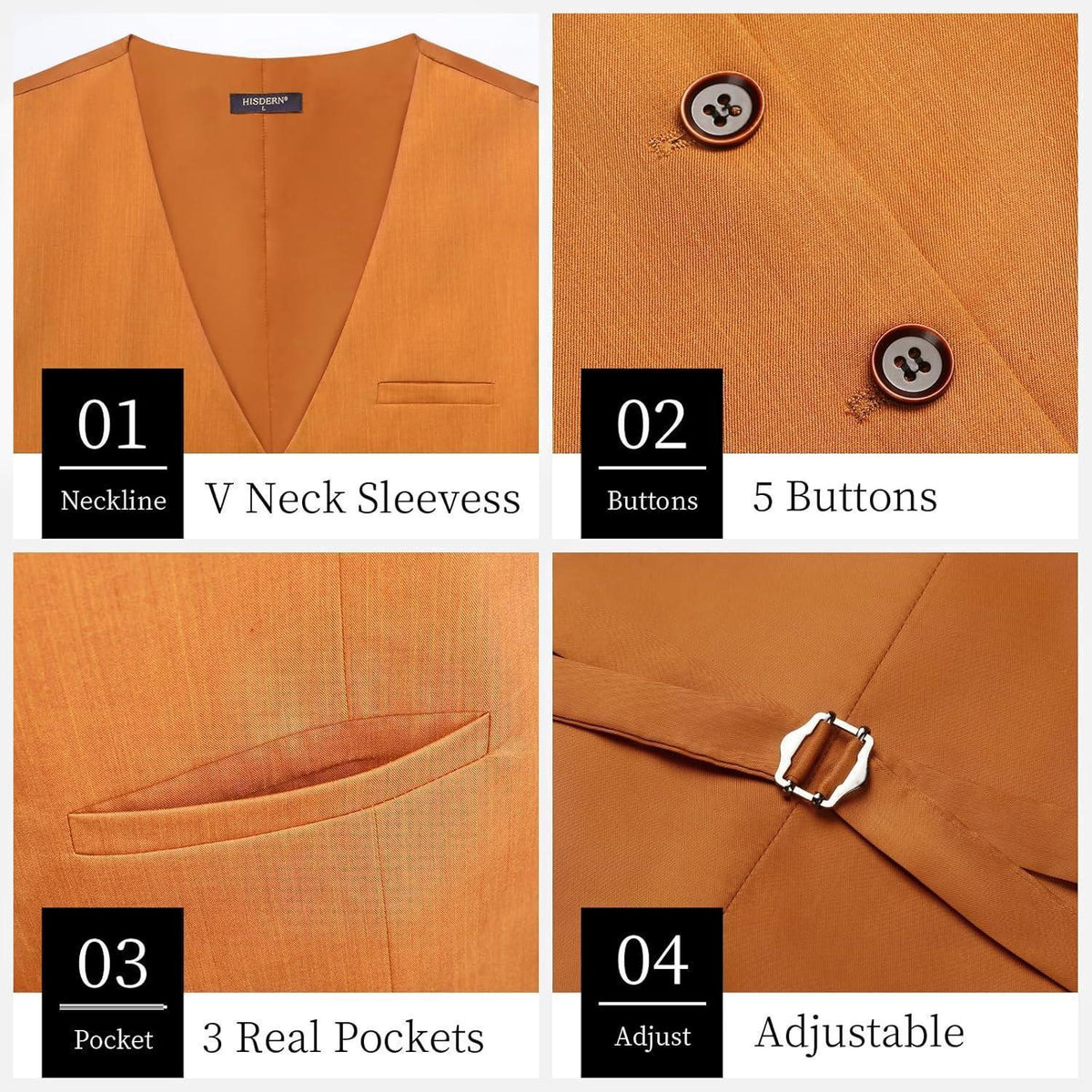 Herren Anzugweste Baumwolle V-Ausschnitt Elegant Retro Orange XS-4XL