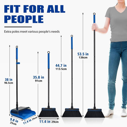 JEHONN Besen Kehrschaufel Set 136cm Stiel 180 Grad Drehbar Blau