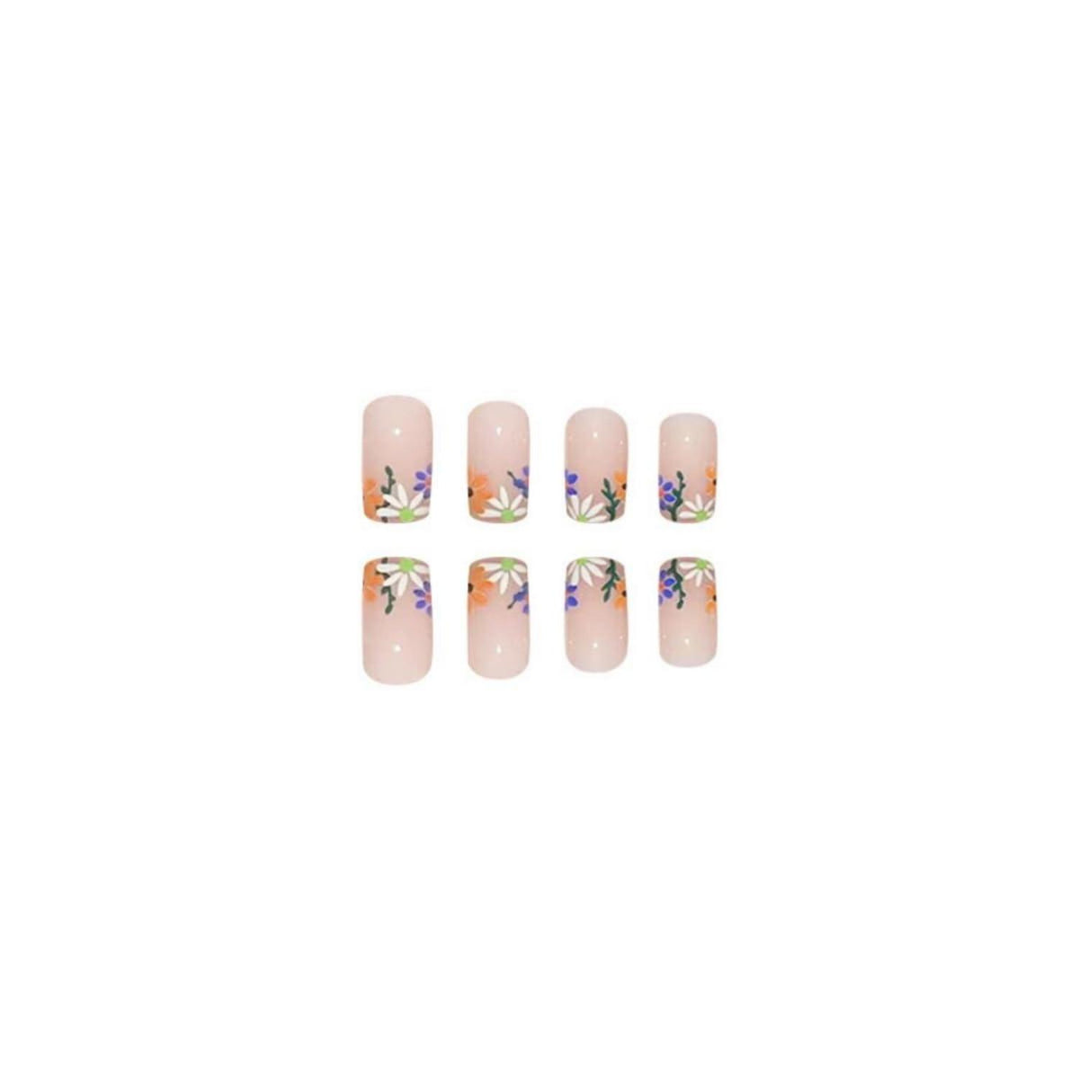 24 Stück Weiß Blumen Eckig Nägel Zum Aufkleben KurzGLOSSY French Nails Women