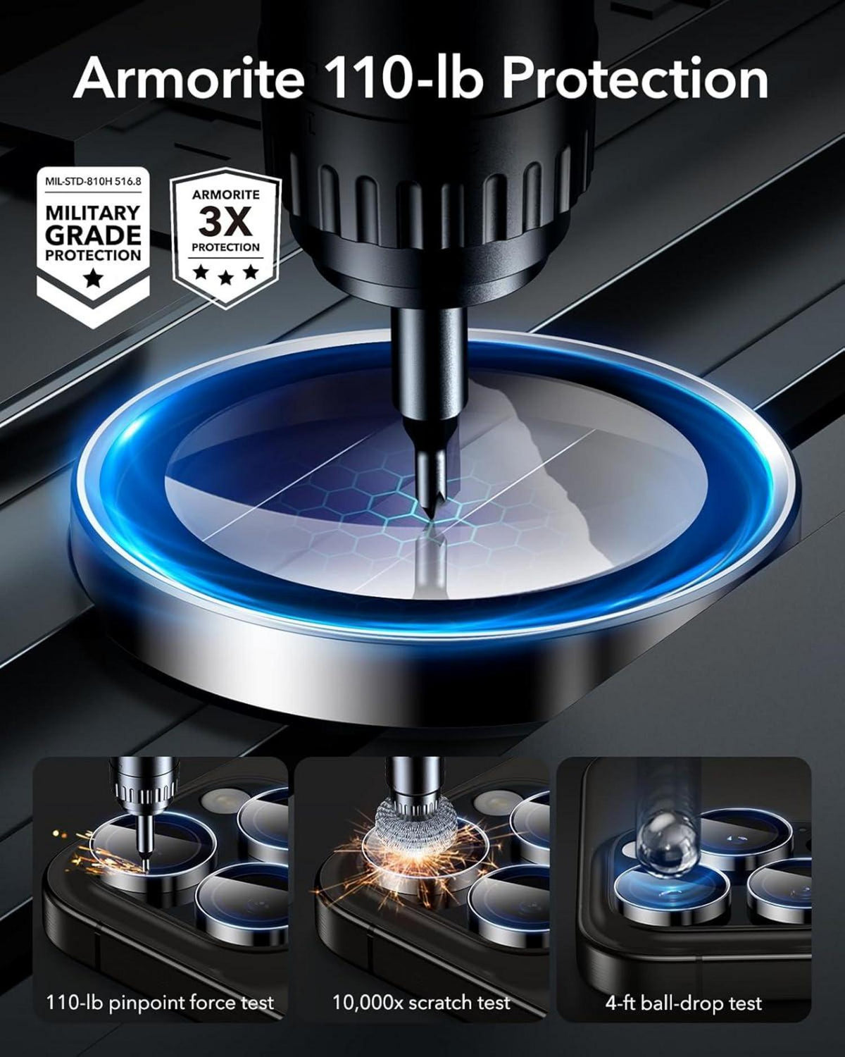 ESR Kamera Schutz für iPhone 16/15/14 Pro Max, Armorite Gehärtetes Glas Linse, Schwarz