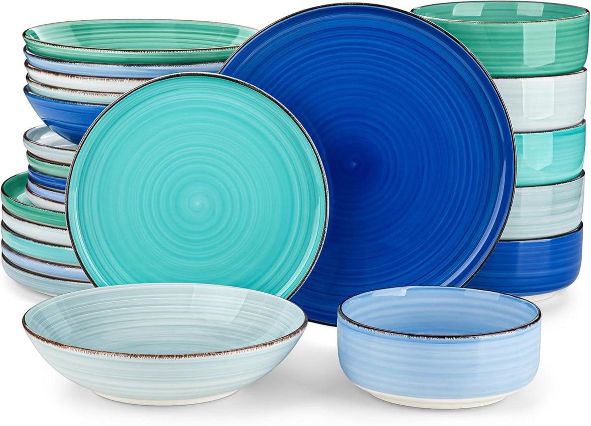 24tlg Geschirrset Tafelservice Steingut Blau Spiralen Design