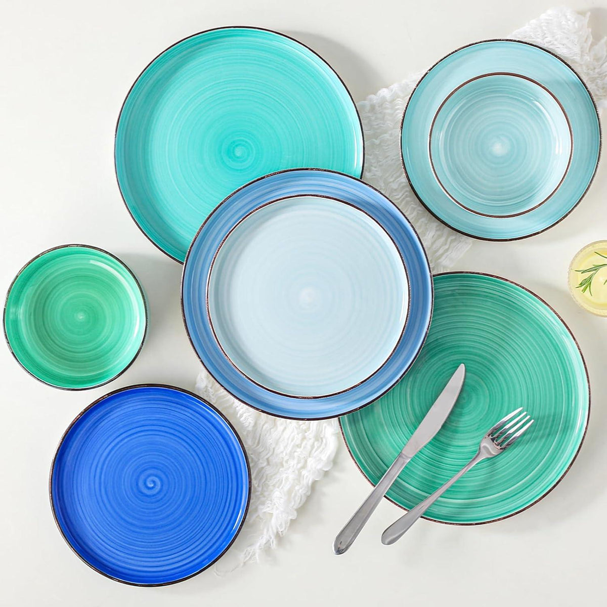 Geschirrset 6 Personen blaue Serie 24tlg Tafelservice Steingut modern
