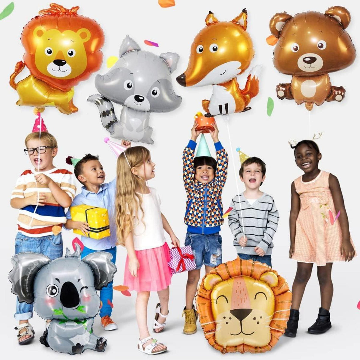 Waldtiere Folienballon Set Koala Braunbär Fuchs Löwe Waschbär XXL Balloon