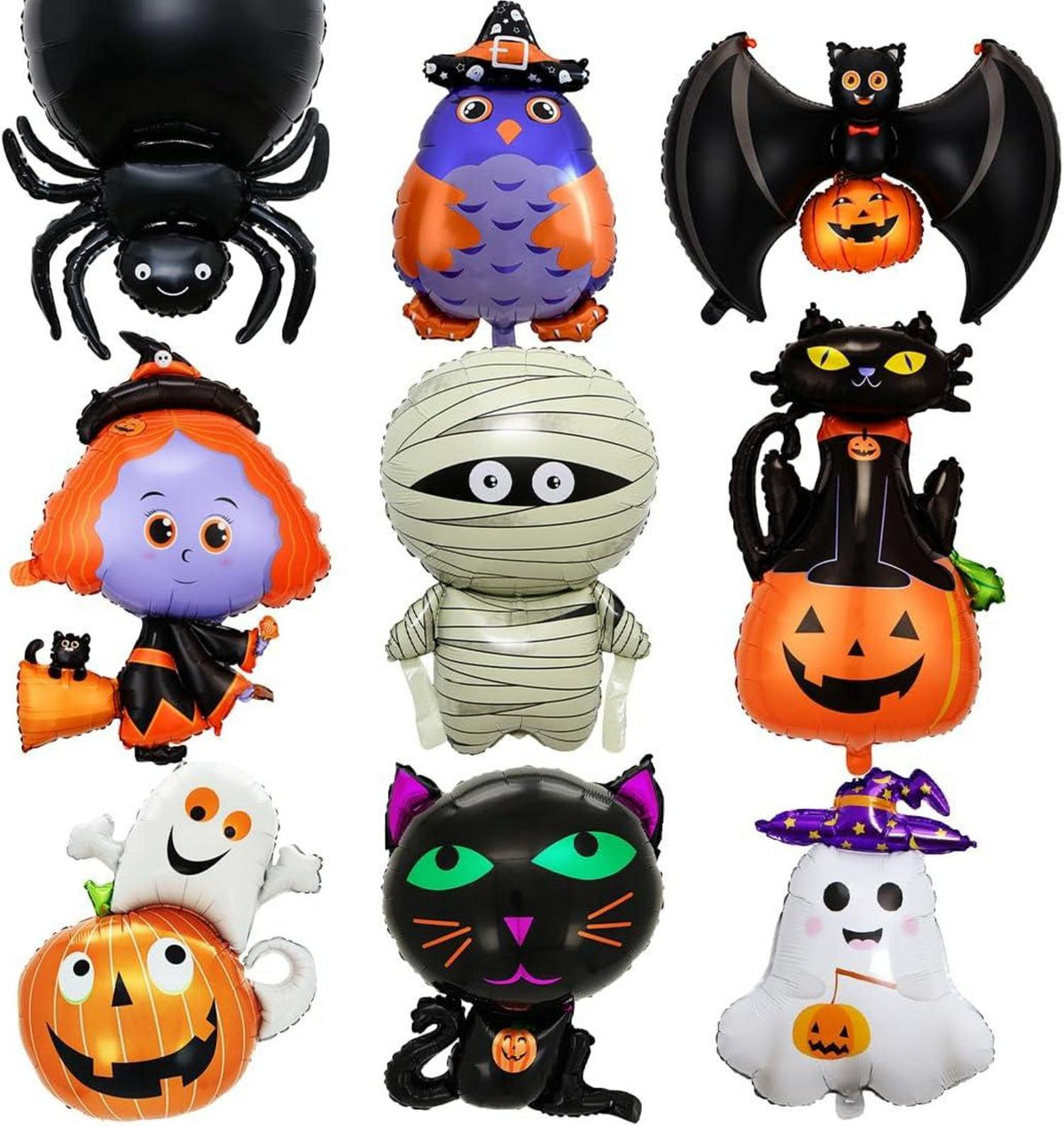 Halloween Folienballon Set mit Kürbis Katze Hexe Geist Fledermaus
