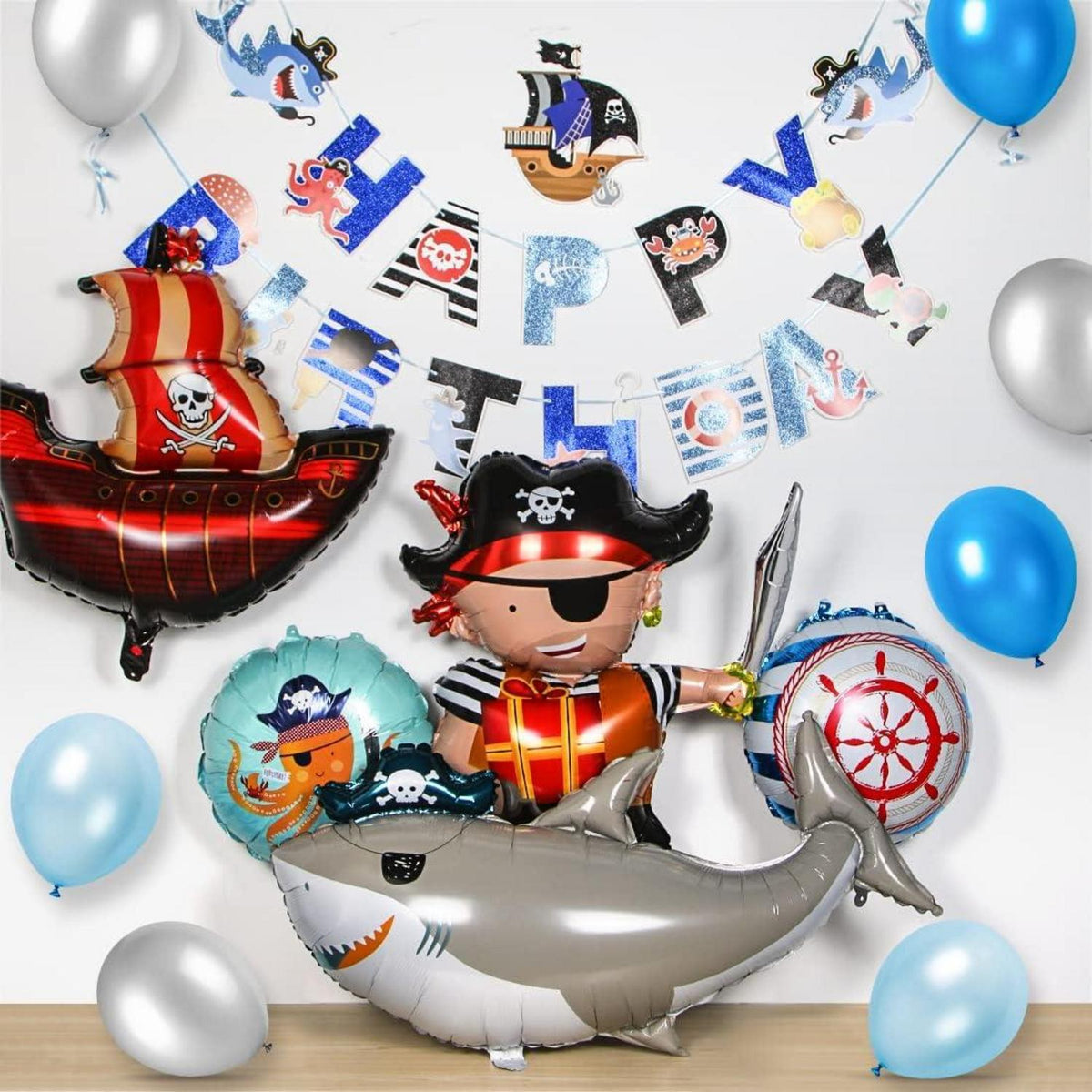 Piratenschiff Foil Balloon Set - Hai, Skelett Muster - Party Deko Boys Girls Geburtstag