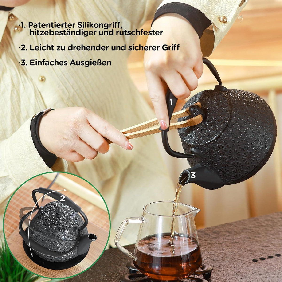 Gusseisen-Teekanne Kirschblütenmuster 950ml Schwarz Emailliert Silikon-Griff
