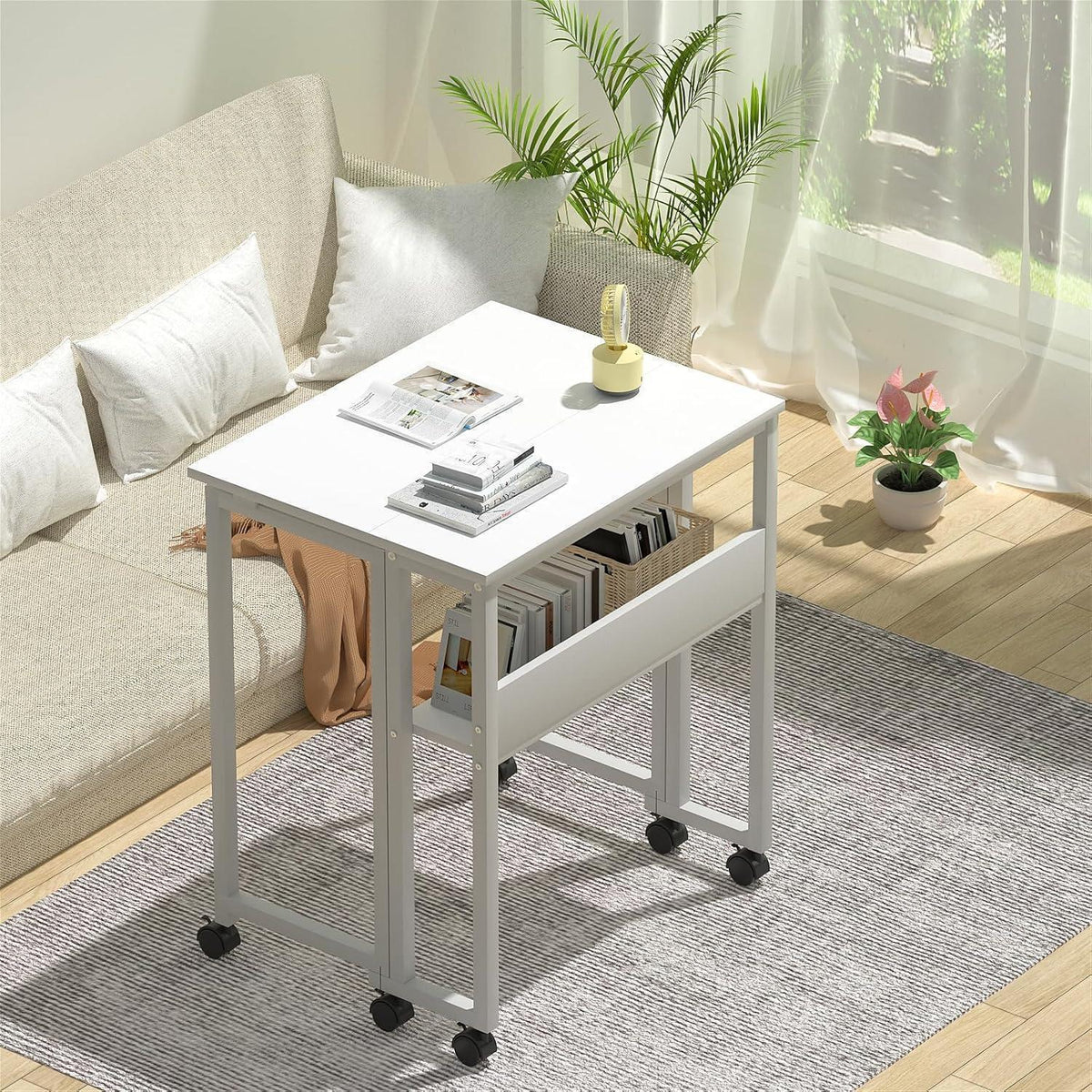 Klapptisch mit Rollen 80cm, Stauraum, Weiß